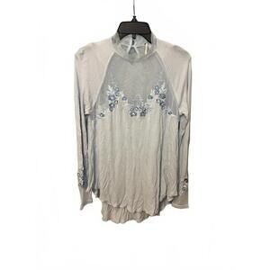 Free People Saheli Light Blue Embroidered Mesh Long Sleeve Top Size S
